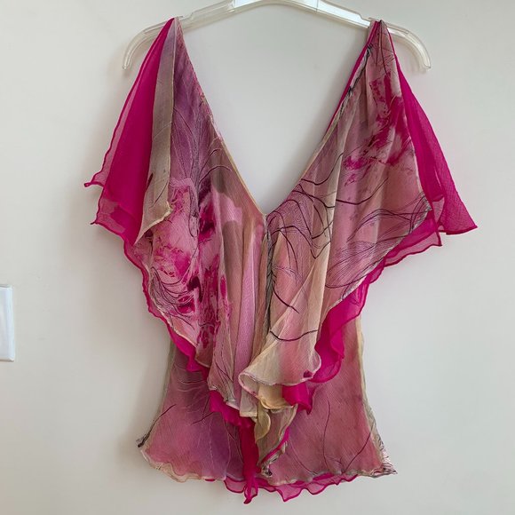 CATHERINE MALANDRINO 100% Silk Pink Tones Flounce Blouse - Picture 3 of 11